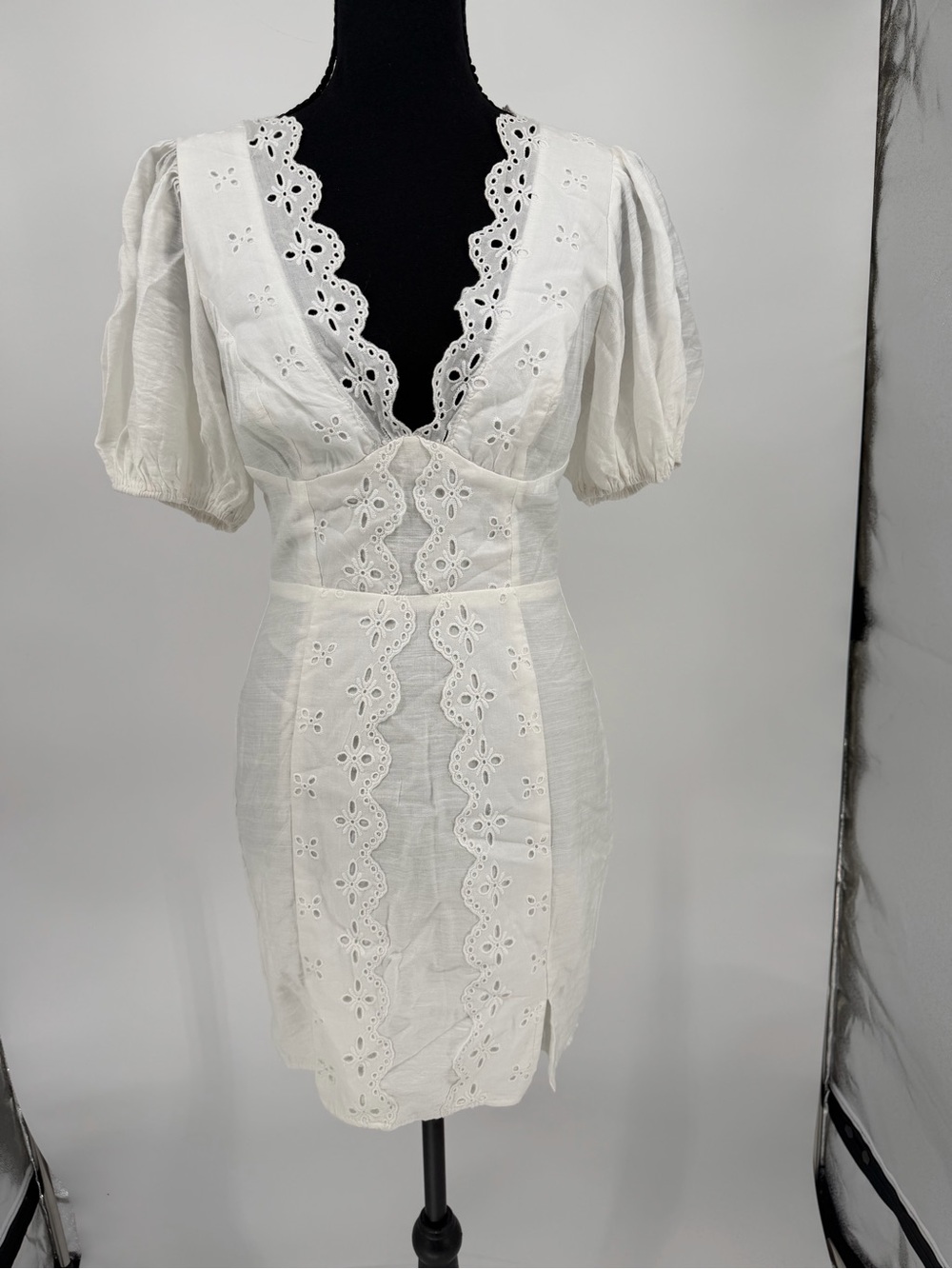 White Eyelet V-Neck Mini Dress with Puff Sleeves